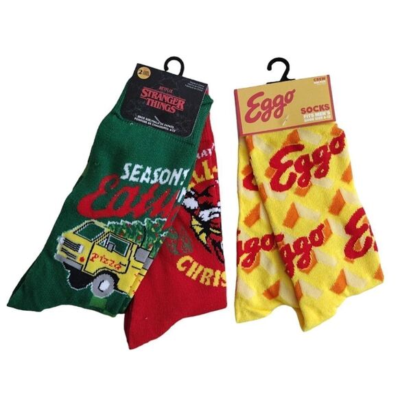 Stranger Things And Eggo Waffles 3 Pairs Crew Socks Bundle NWT - Picture 1 of 12